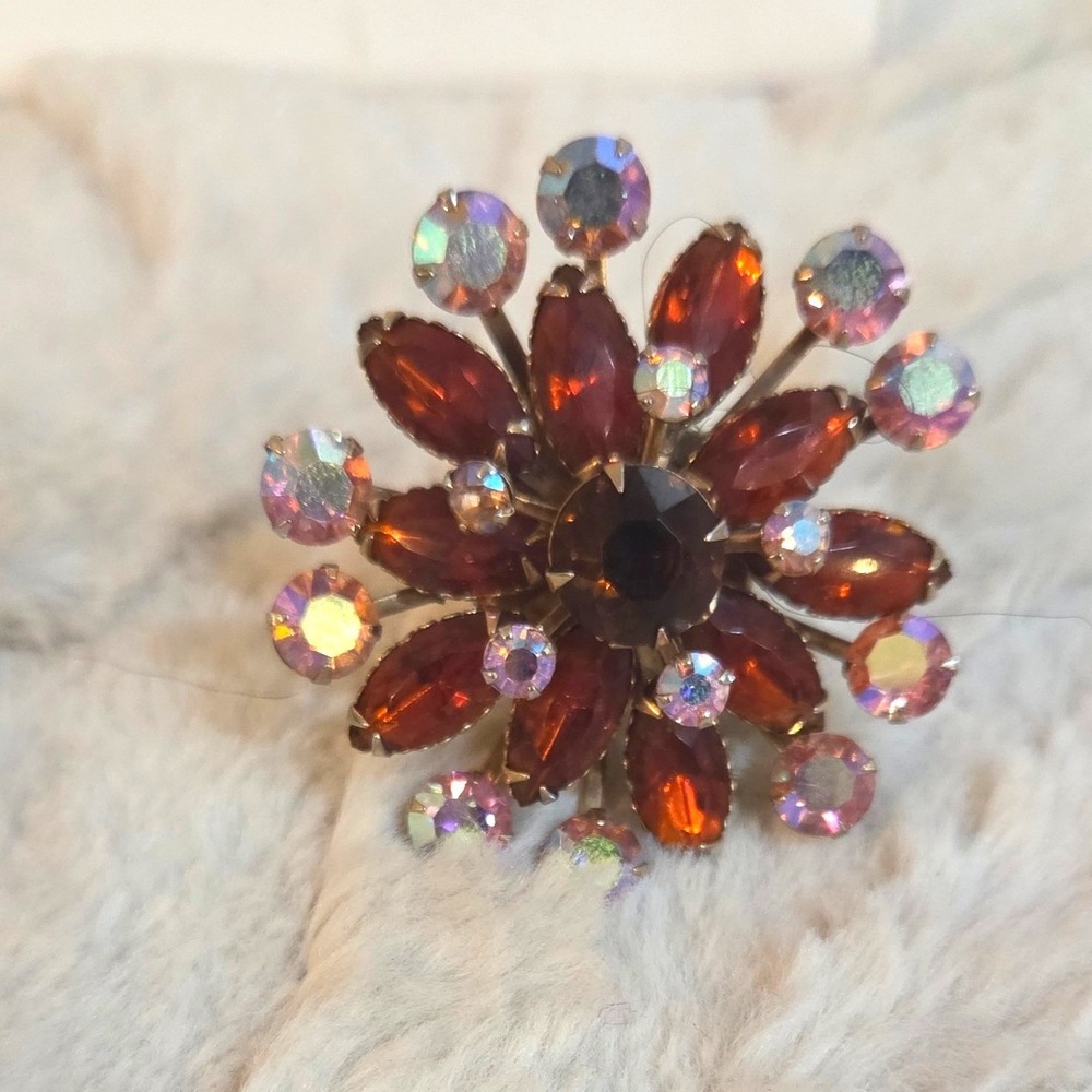 Vintage Amber Rhinestone Aurora Borealis Sunburst Cocktail Ring Gold Tone Adjust